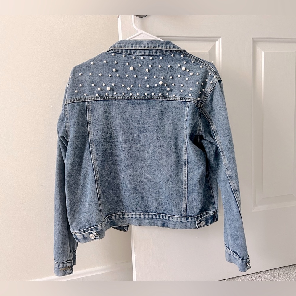 Women's Blue Jean Jacket with Pearl Accents
